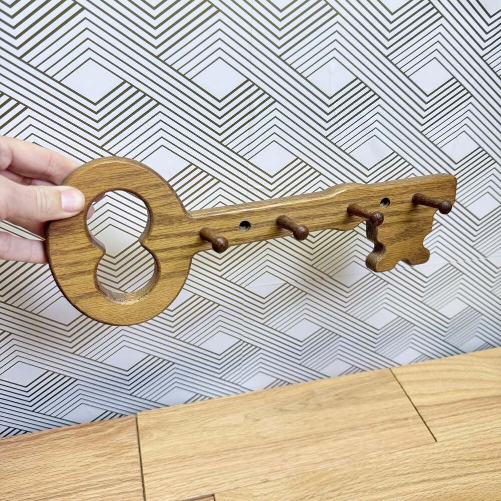Handmade Wooden Wall Key Rack Holder Large Vintage Key Shape with pegs